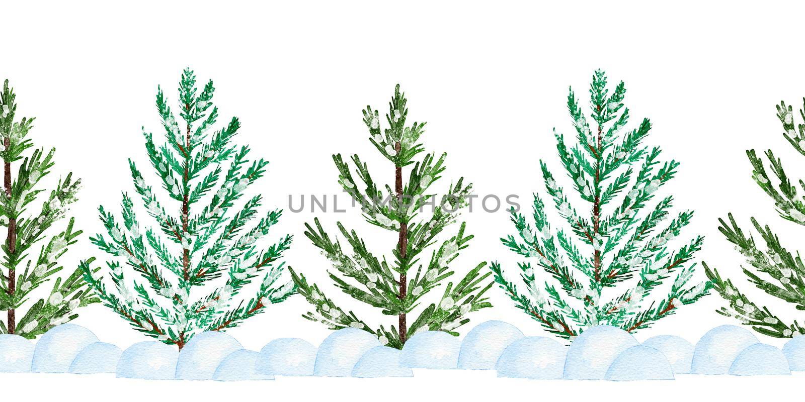 Watercolor seamless hand drawn border with Christmas trees. Winter december forest wood woodland decor, pine fir conifer branches in snow ornaments, horizontal clipart frame