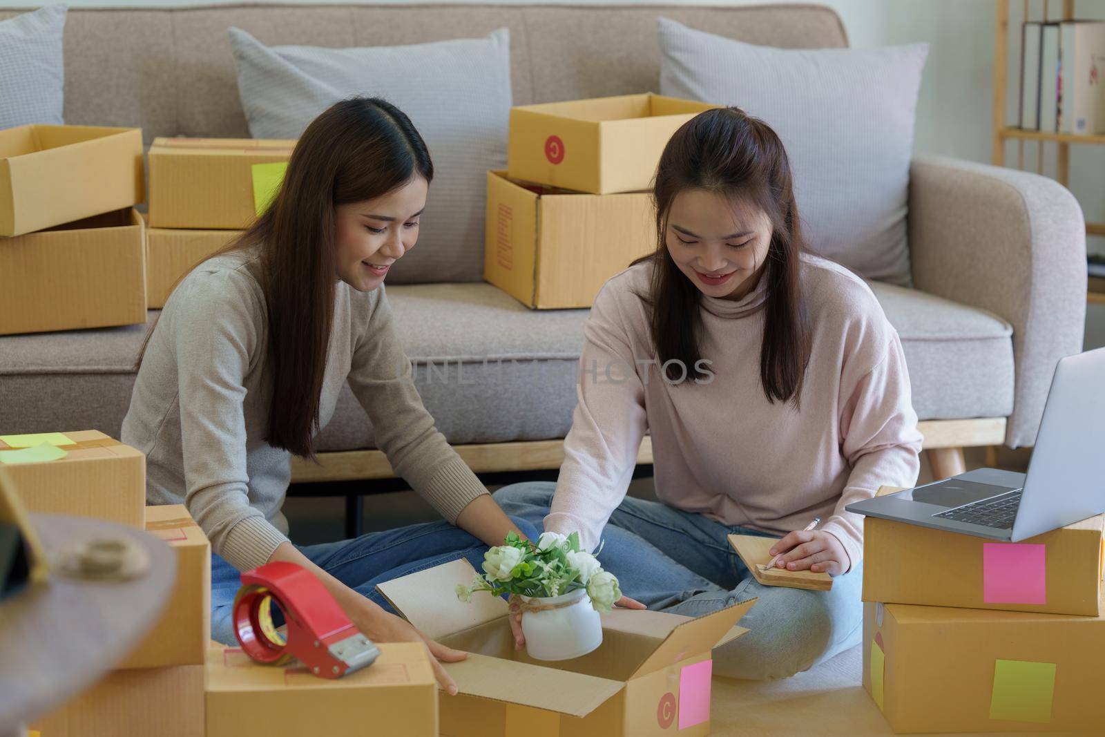 Asian SME business woman with partner working at home office. online shopping concept.