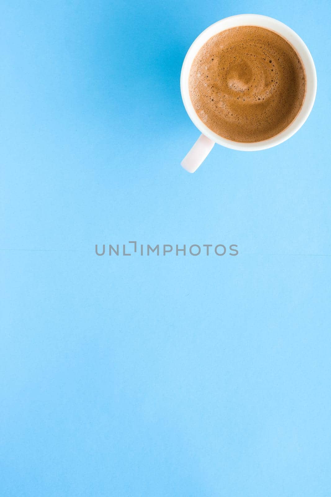 Hot aromatic coffee on blue background, flatlay by Anneleven