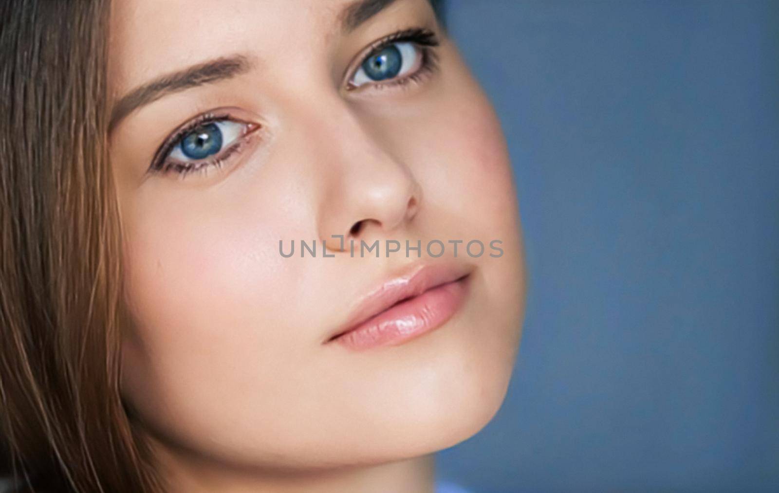 Beauty and skincare, beautiful woman with blue eyes, natural make-up, face portrait close-up