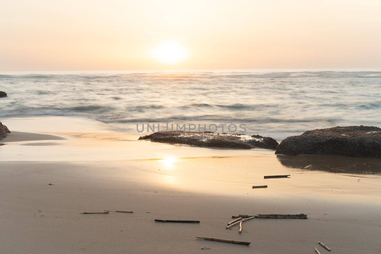 Sea landscape at sunset, stone coast Dramatic ocean background at evening dusk Almost night