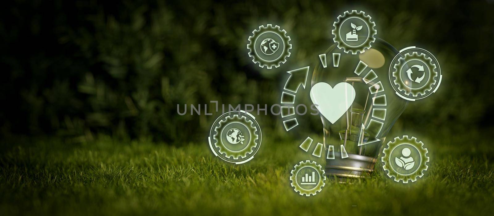 Co2. Light bulb with natural green background with icons in co2 environmental concept. Clean energy. Renewable energy. Net Zero. Love the world environment concept.