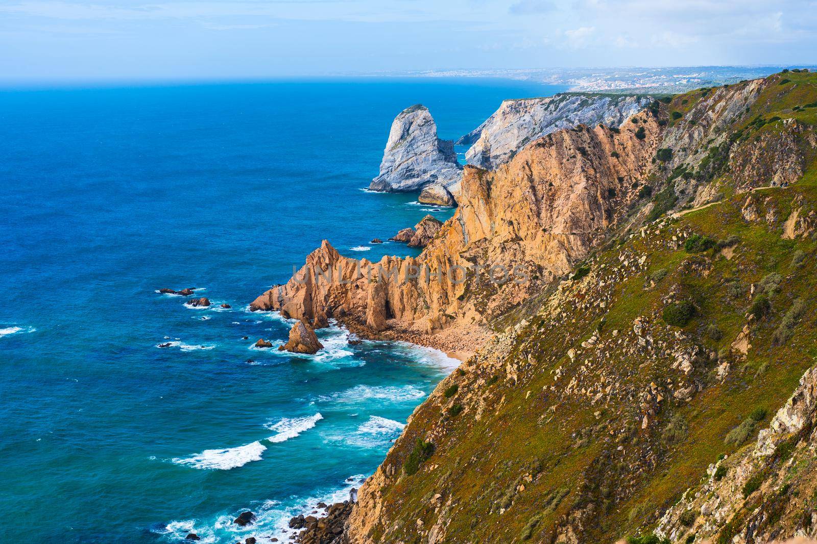 Atlantic ocean view with cliff. View of Atlantic Coast at Portugal, Cabo da Roca. Summer day. Seaside. Coastline. Beautiful landscape