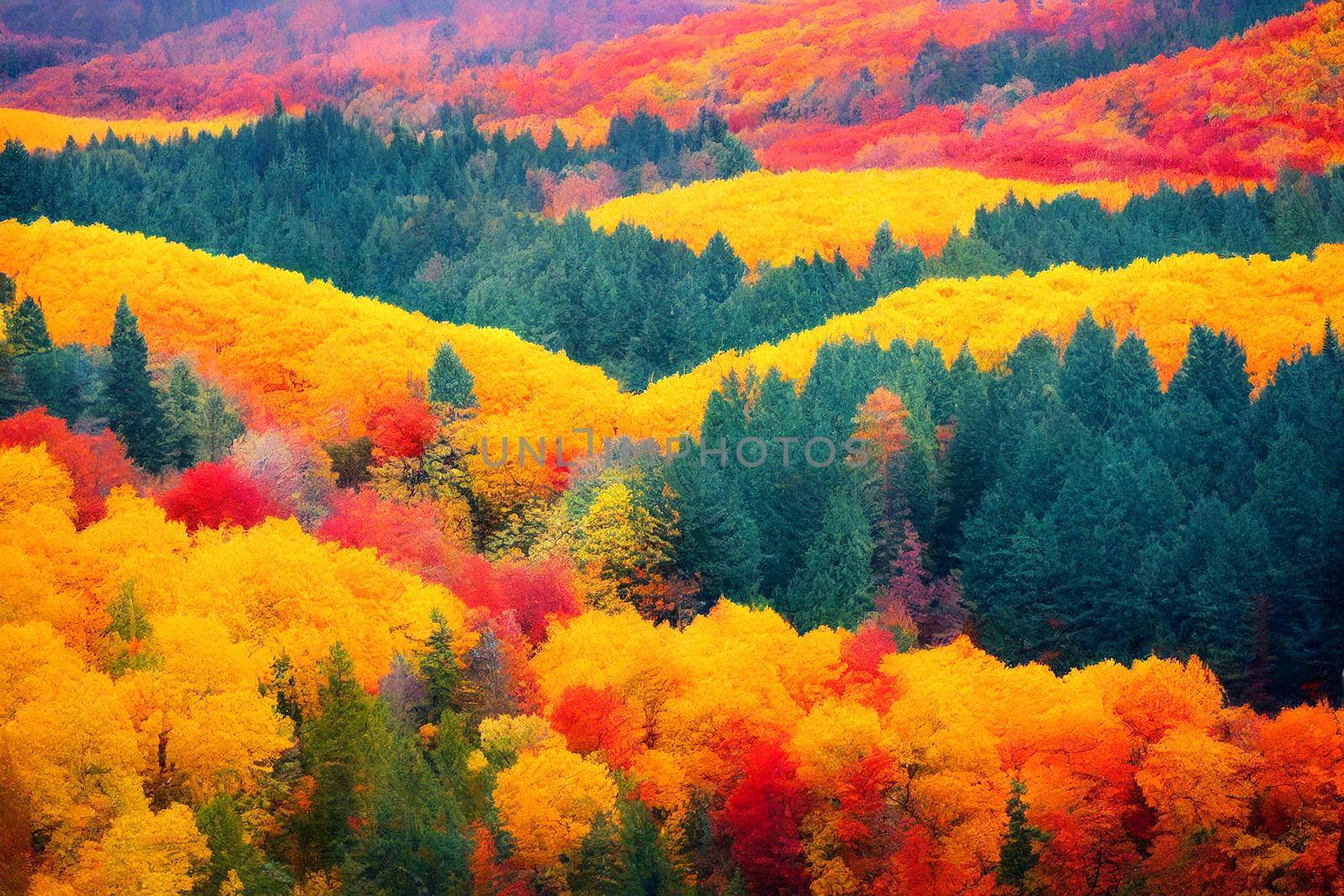 3D Illustration, selective focused, blurred, colorful fall forest landscape wallpaper.