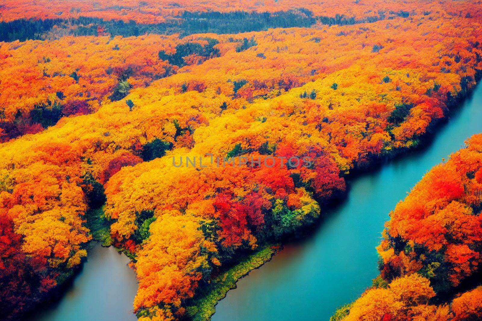 3D Illustration, selective focused, blurred, colorful fall forest landscape wallpaper.
