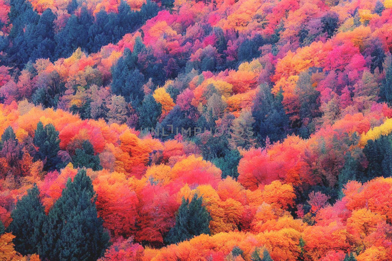 3D Illustration, selective focused, blurred, colorful fall forest landscape wallpaper.