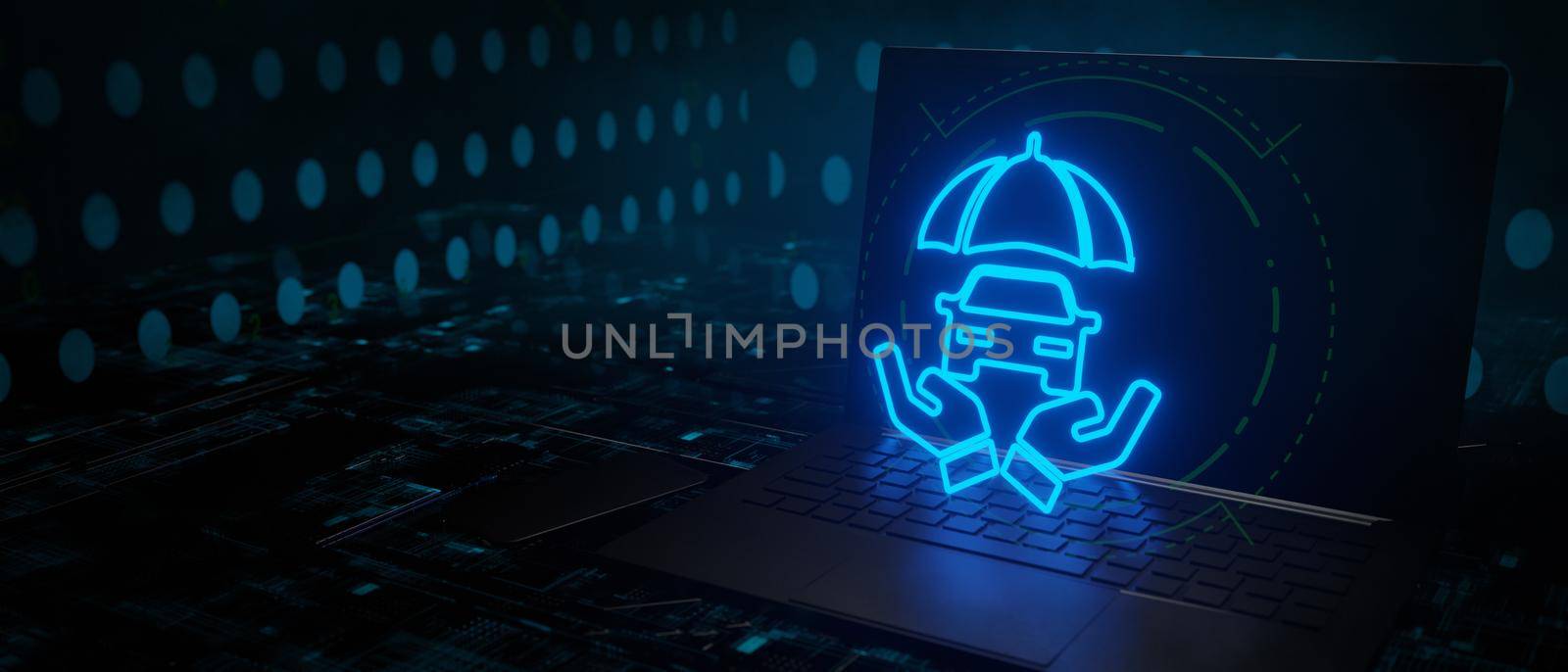 Car insurance concept in glowing hologram above laptop technology design 3D