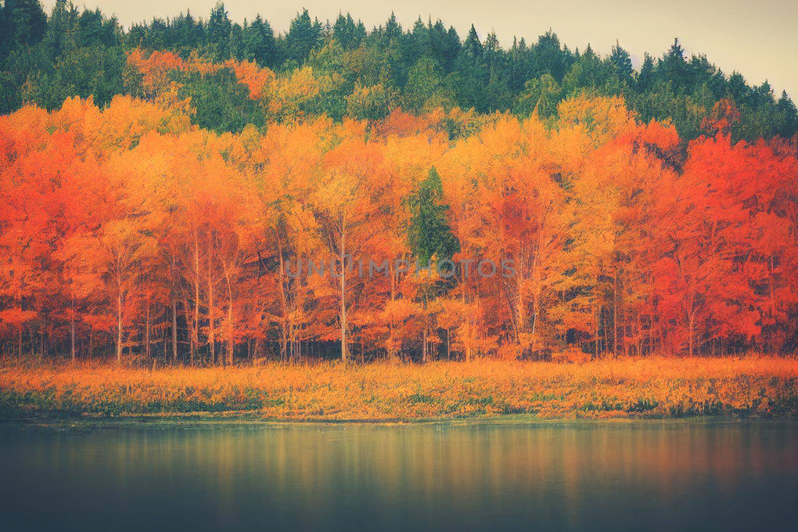 3D Illustration, selective focused, blurred, colorful fall forest landscape wallpaper.