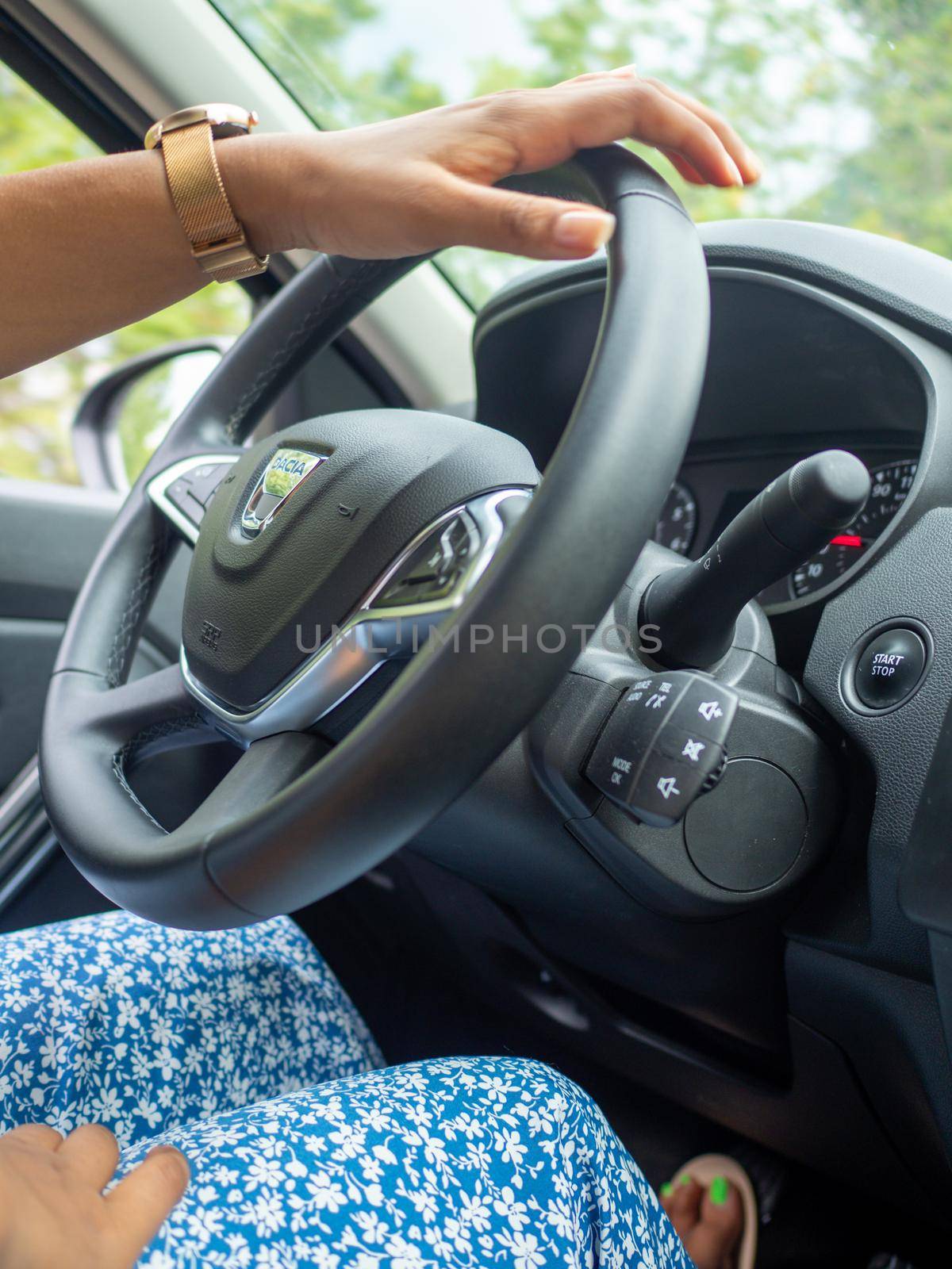 Beautiful business lady driving her car a cloudy day in summertime