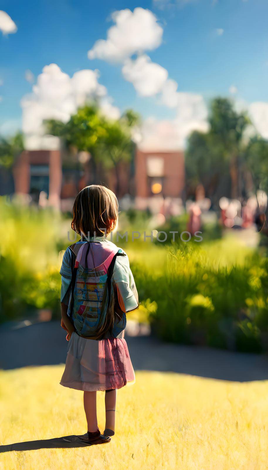 Back facing little girl with backpack looking at school building at sunny summer day, neural network generated art. Digitally generated image. Not based on any actual scene or pattern.