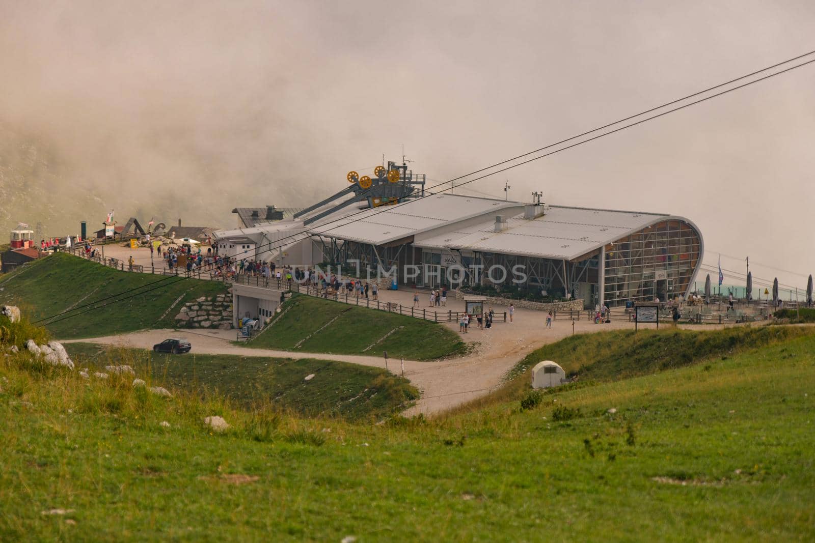 MALCESINE, ITALY - AUGUST 09, 2019: View of the cable station for the cable car on Monte Baldo in Italy