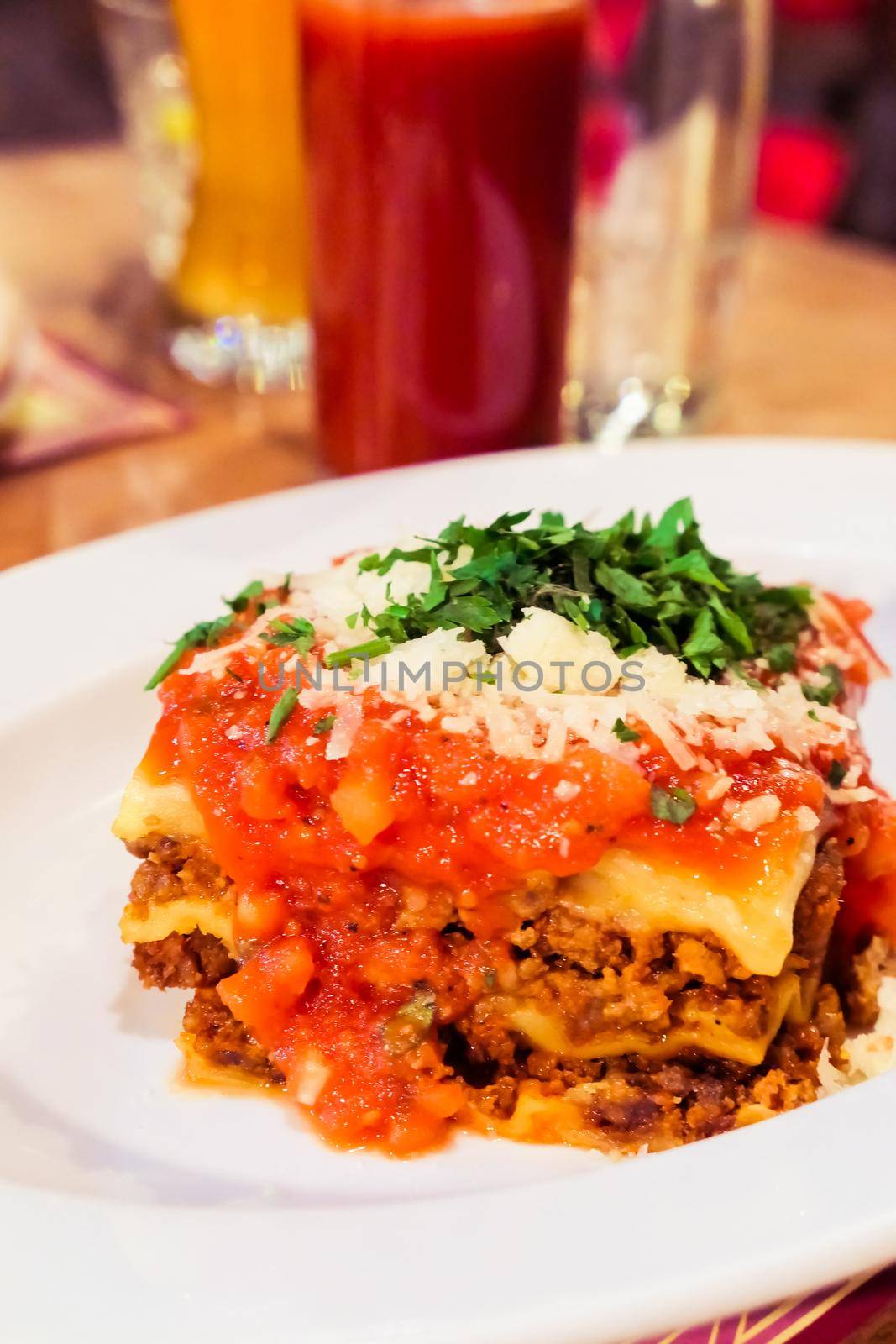 Italian cuisine, restaurant menu and food photography blog concept - Lasagna bolognese plate, traditional recipe with tomato sauce, cheese and meat