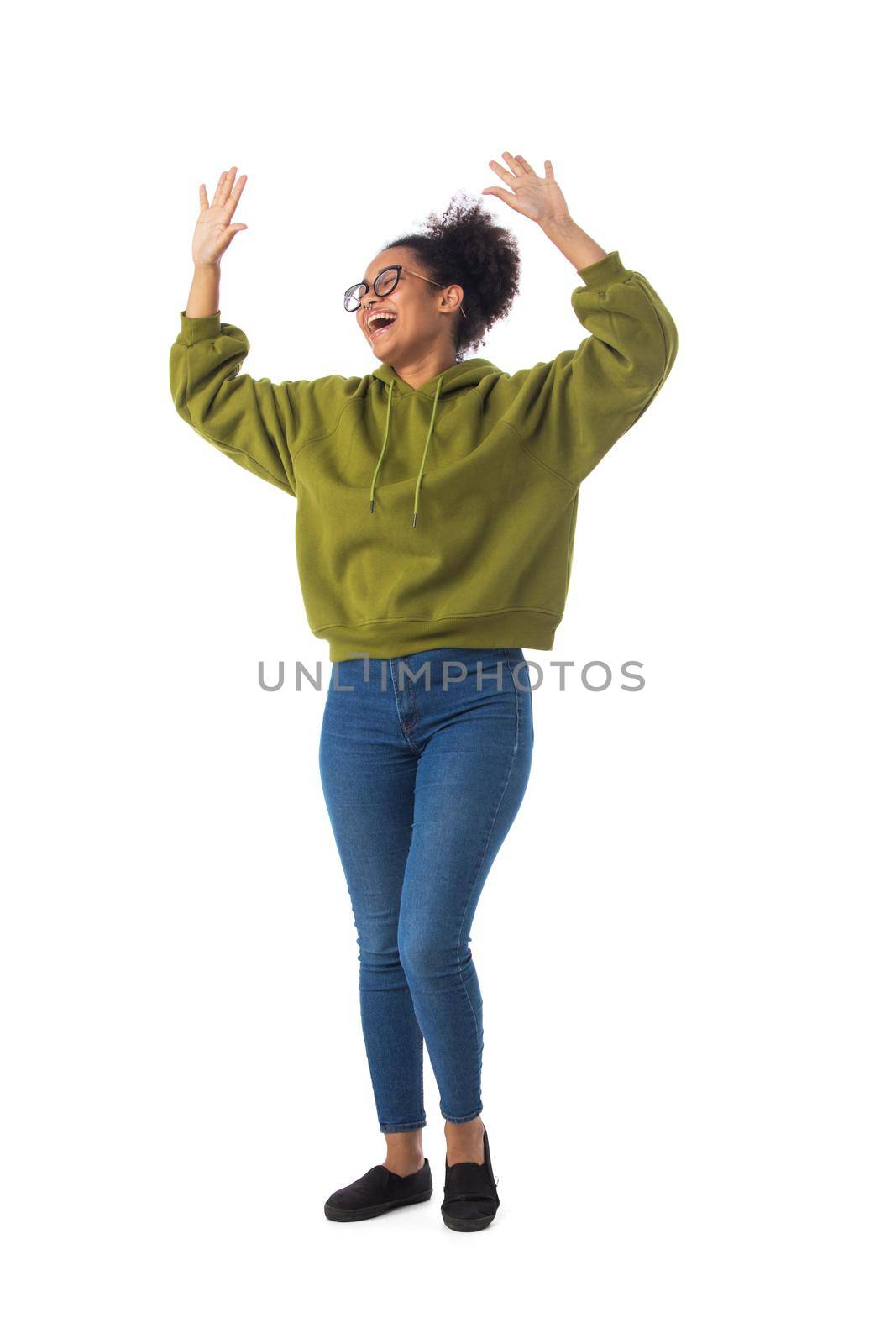 Woman cheering with arms stretched by ALotOfPeople