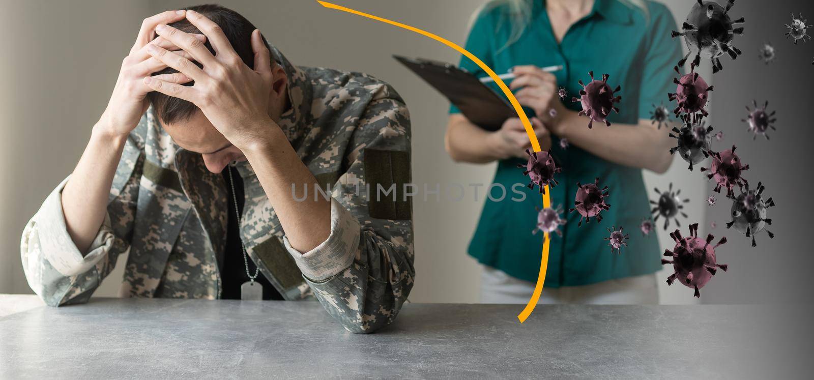 Cheerful young man in camouflage uniform soldierprotected from the virus by a dome, military man, copy space.