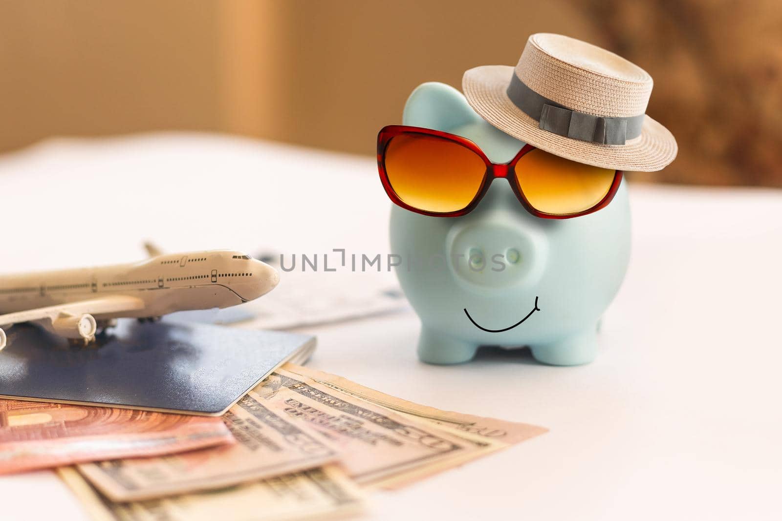 Piggy bank summer vacation, travel, retirement saving concept.