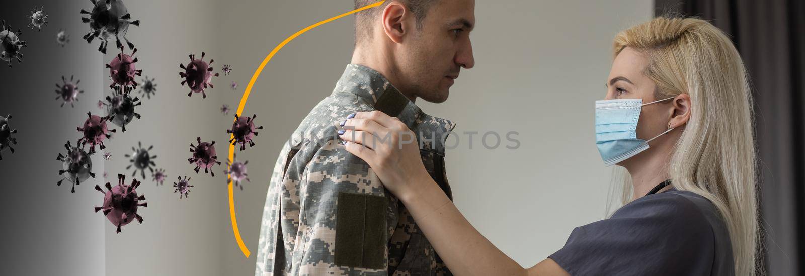 Cheerful young man in camouflage uniform soldierprotected from the virus by a dome, military man, copy space by Andelov13