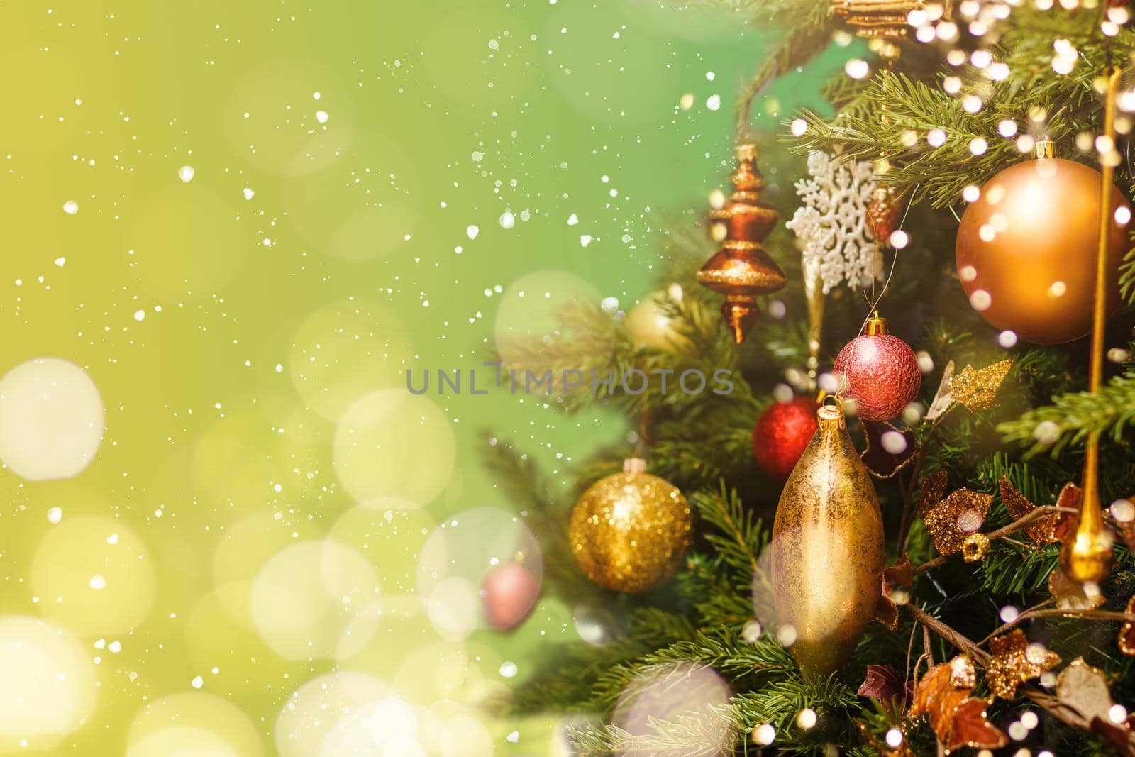 Christmas decorations and toys. New Year atmosphere. Christmas home. Landscape abstract card. Modern blurry postcard. Horizontal bright banner.