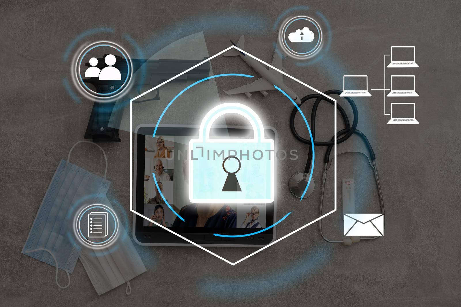 Digital padlock icon, cyber security network and data protection technology on virtual interface screen. Online internet authorized access against cyber attack.and business data privacy concept.