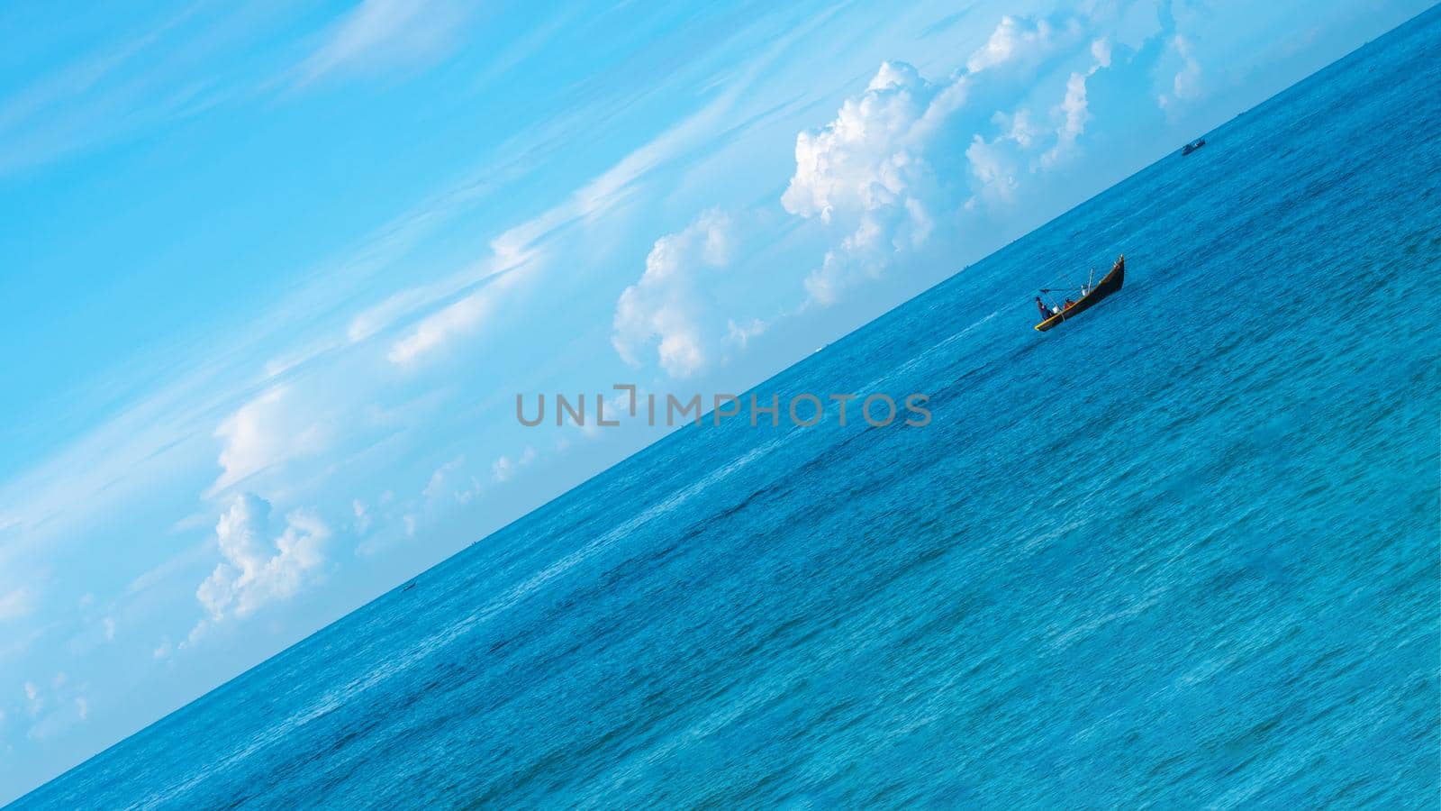 Atmosphere panorama. Clear sky calm sea horizon line cloud. Concept lifestyle move flow up down progress regress, choice direction development life boat. Straight lines diagonal, blue turquoise white.