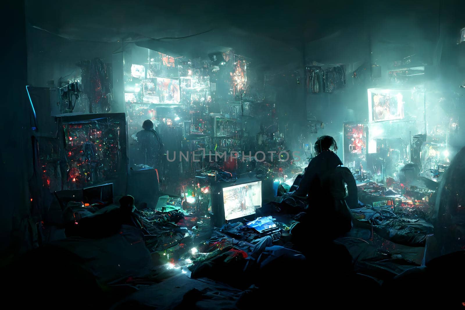 messy and dark cyberpunk hacker hideout room with cyan christmas lights, neural network generated art, picture produced with ai in fall 2022