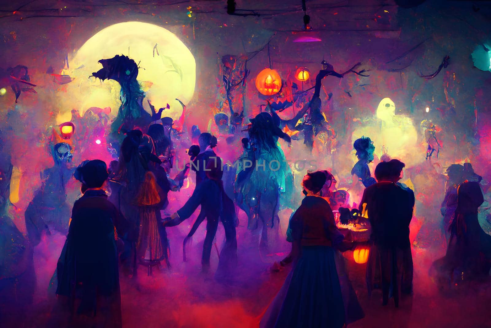 colorful halloween indoor party, neural network generated art. Digitally generated image. Not based on any actual scene or pattern.