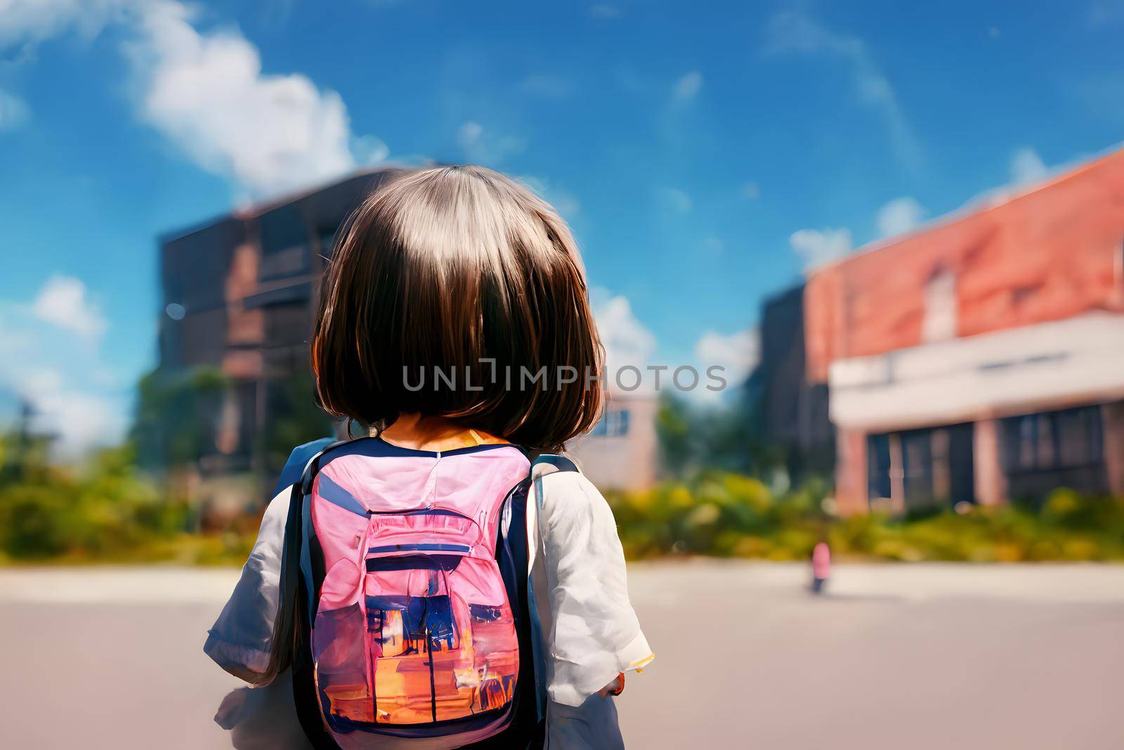 Back facing little girl with backpack looking at school building at sunny summer day, neural network generated art. Digitally generated image. Not based on any actual scene or pattern.