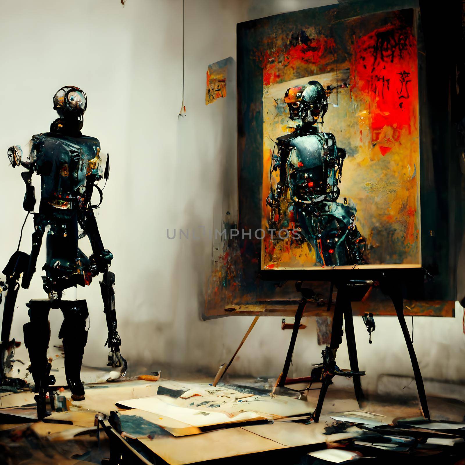 anthropomorphic robot artist in the studio next to the easel, painting and paints while working, neural network ai generated art by z1b