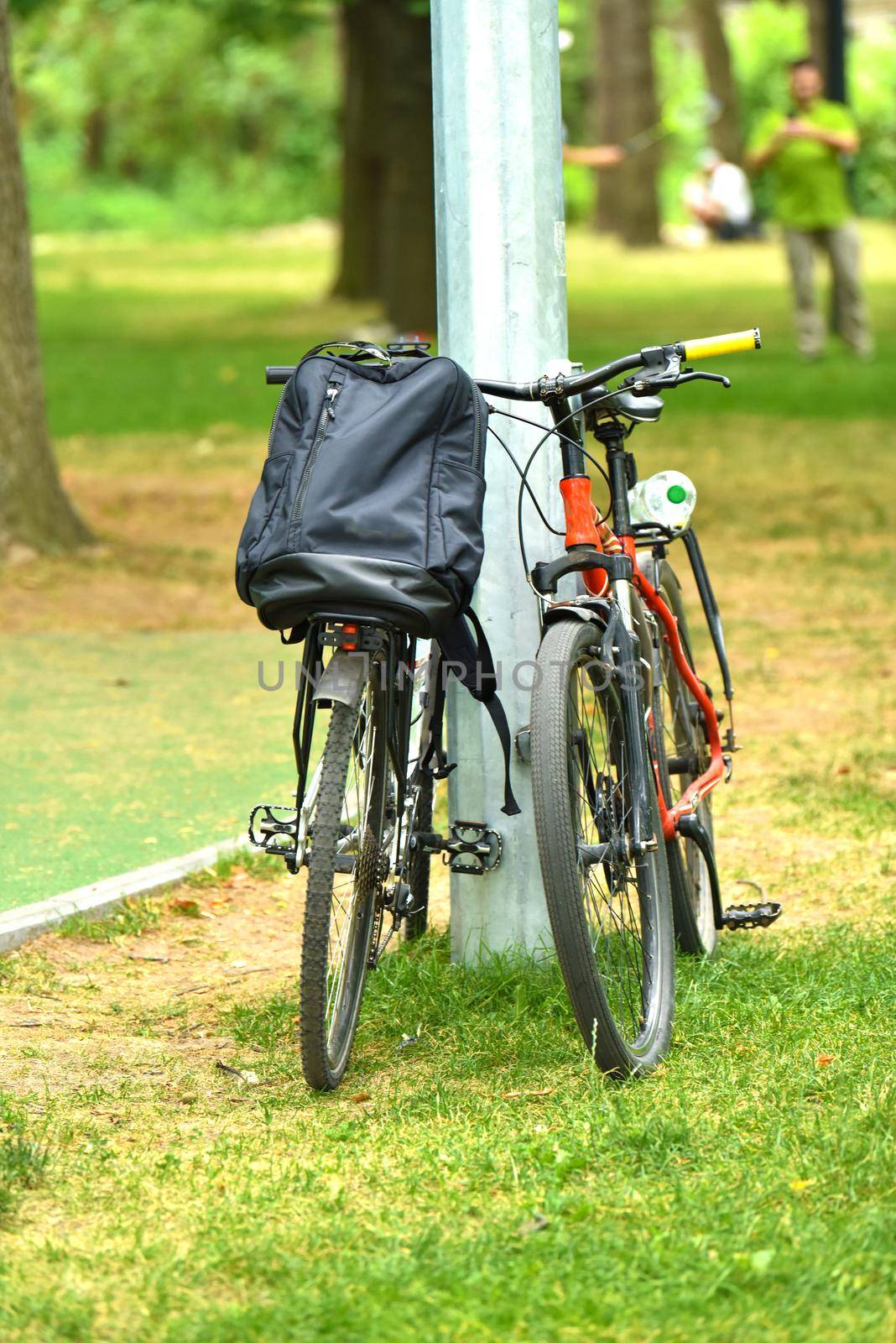 two bicycles near the pole. personal sports bikes in the park. High quality photo