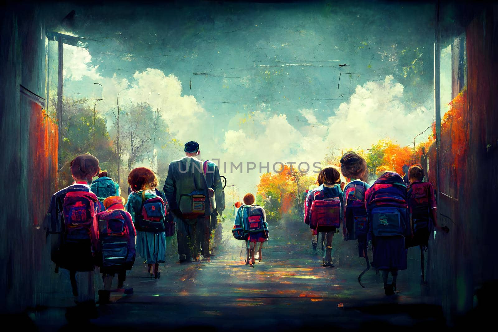 many children students with schoolbag backpacks in school corridor, abstract painting-like neural network ai generated art, picture produced with ai in 2022