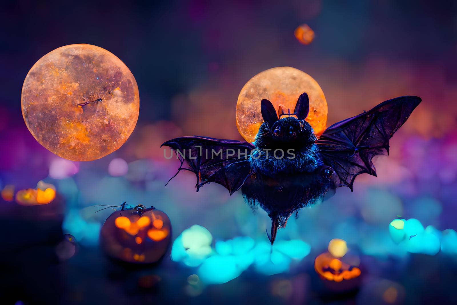 cute bat with pumpkins and moon on dark background, neural network generated art. Digitally generated image. Not based on any actual scene or pattern.