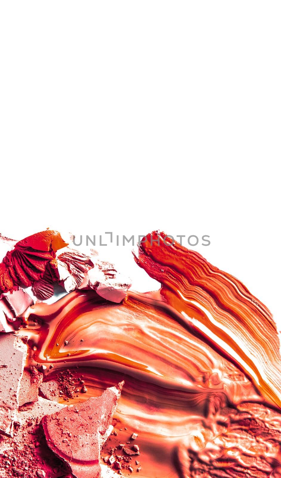 Crushed eyeshadow, powder and liquid foundation close-up isolated on white background by Anneleven