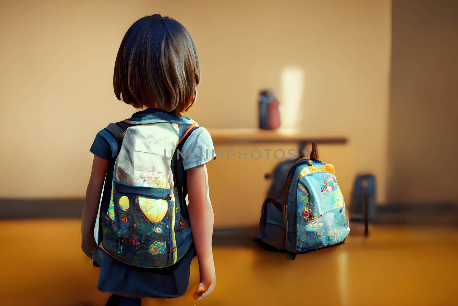 Back facing little girl with backpack standing alone in school building at sunny day, neural network generated art. Digitally generated image. Not based on any actual scene or pattern.