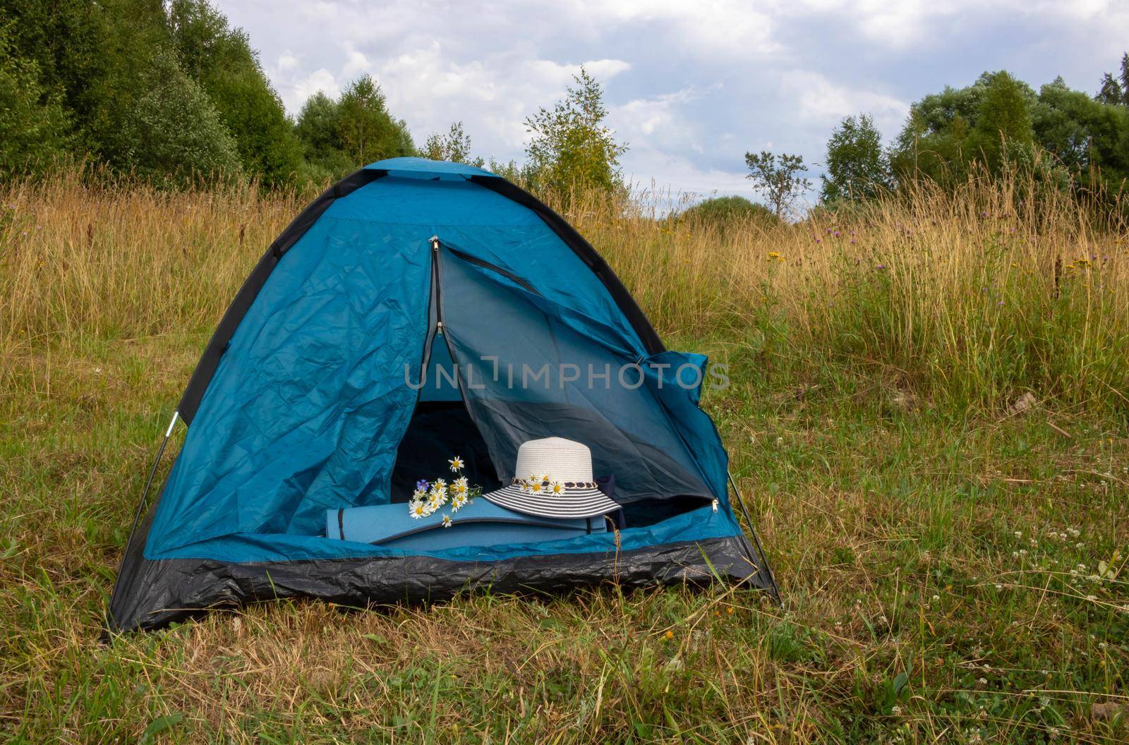 A tourist tent stands in a clearing. Concepts of travel and adventure. Background of nature