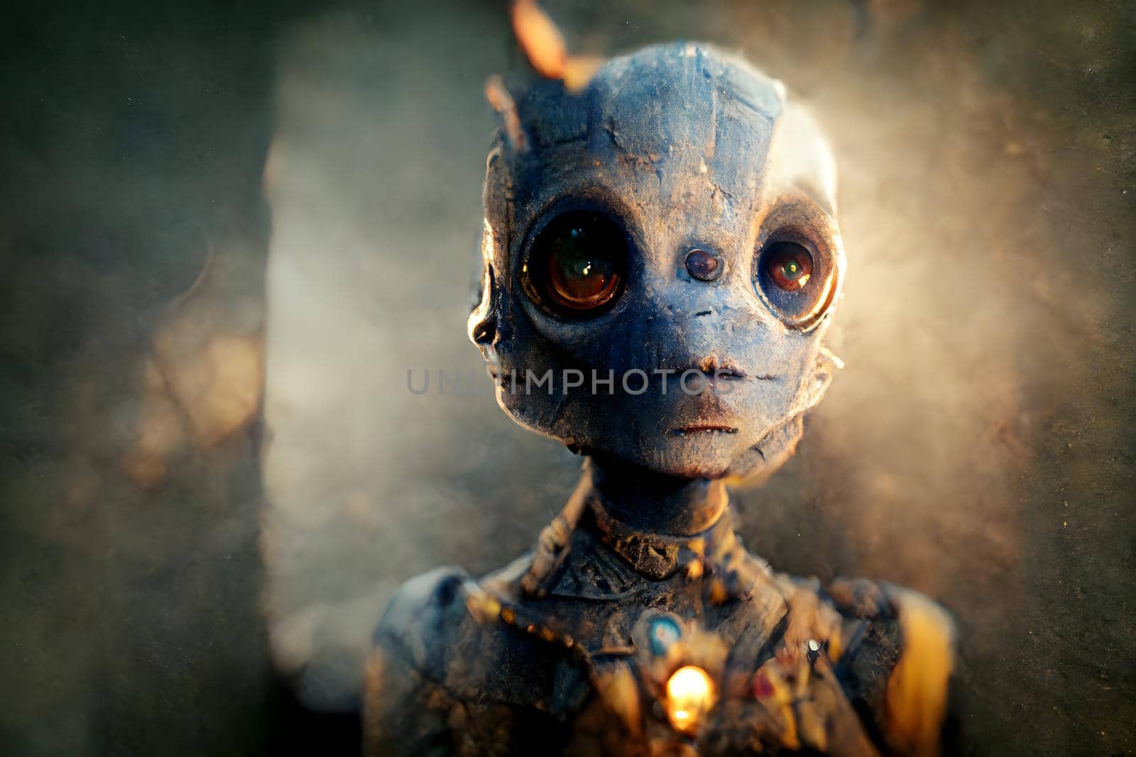 friendly humanoid alien portrait, neural network generated art. Digitally generated image. Not based on any actual scene or pattern.