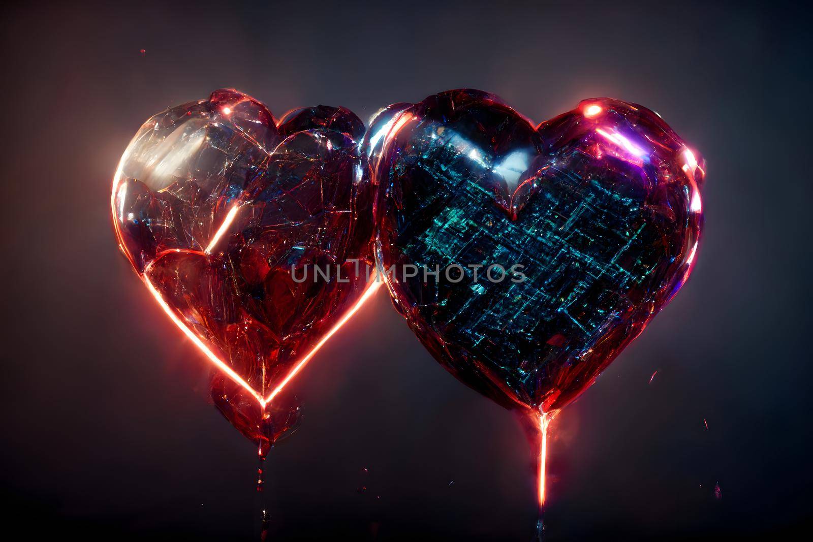 pair of cybernetic glowing decorative hearts on gray background, neural network generated art. Digitally generated image. Not based on any actual scene or pattern.