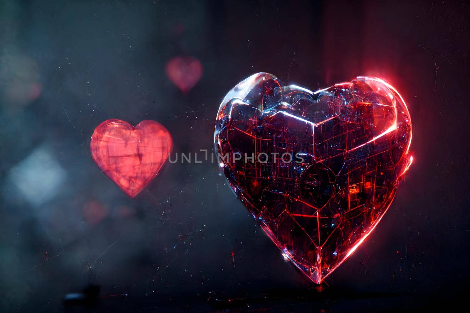 cyberpunk neon shiny and glowing hearts on gray background, neural network generated art for valentines day. Digitally generated painting-like image. Not based on any actual scene or pattern.