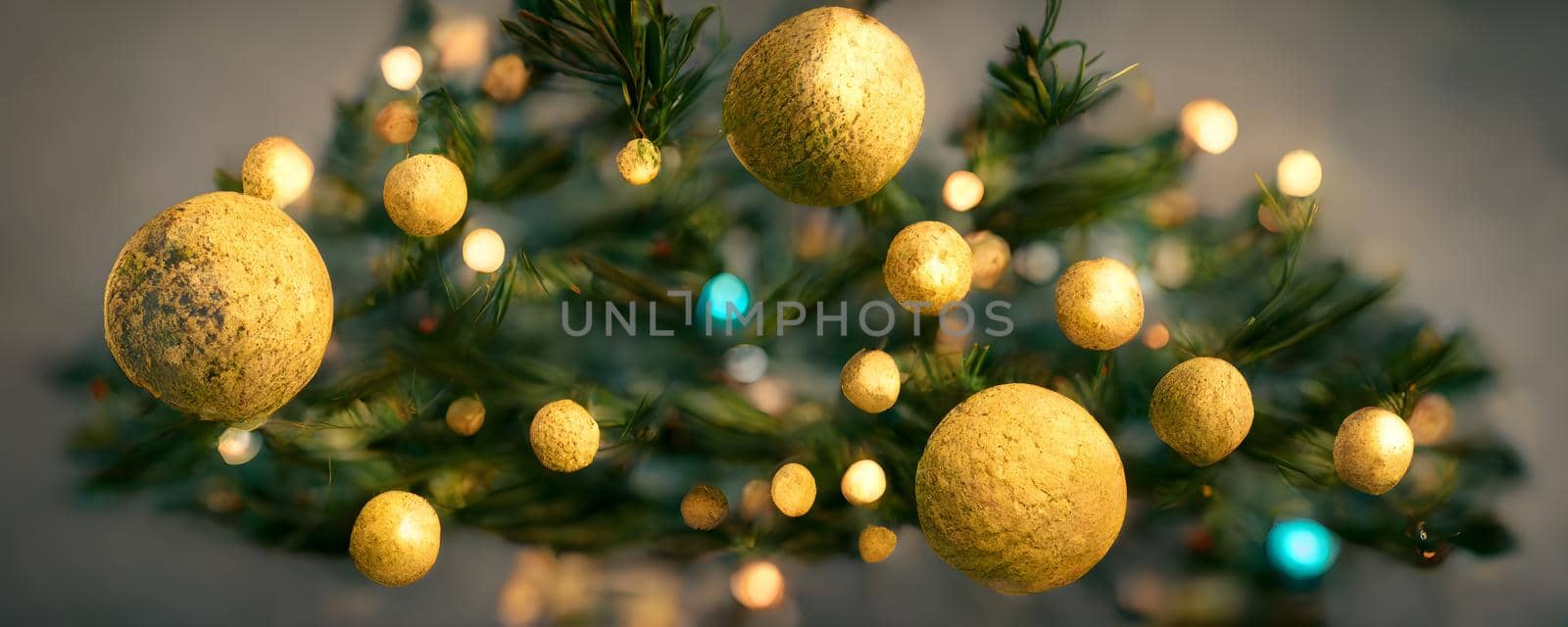 fir twigs with golden christmas balls on gray background, neural network generated art. Digitally generated image. Not based on any actual scene or pattern.