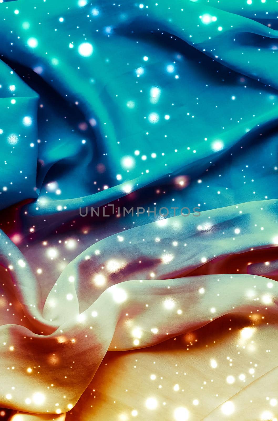 Magic holiday blue and gold soft silk flatlay background texture with glowing snow, luxury beauty abstract backdrop by Anneleven