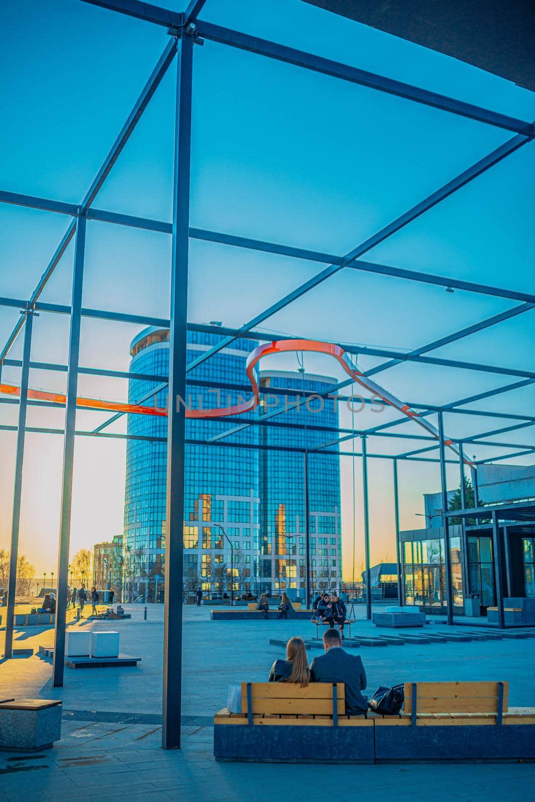 City square and modern business district office building.