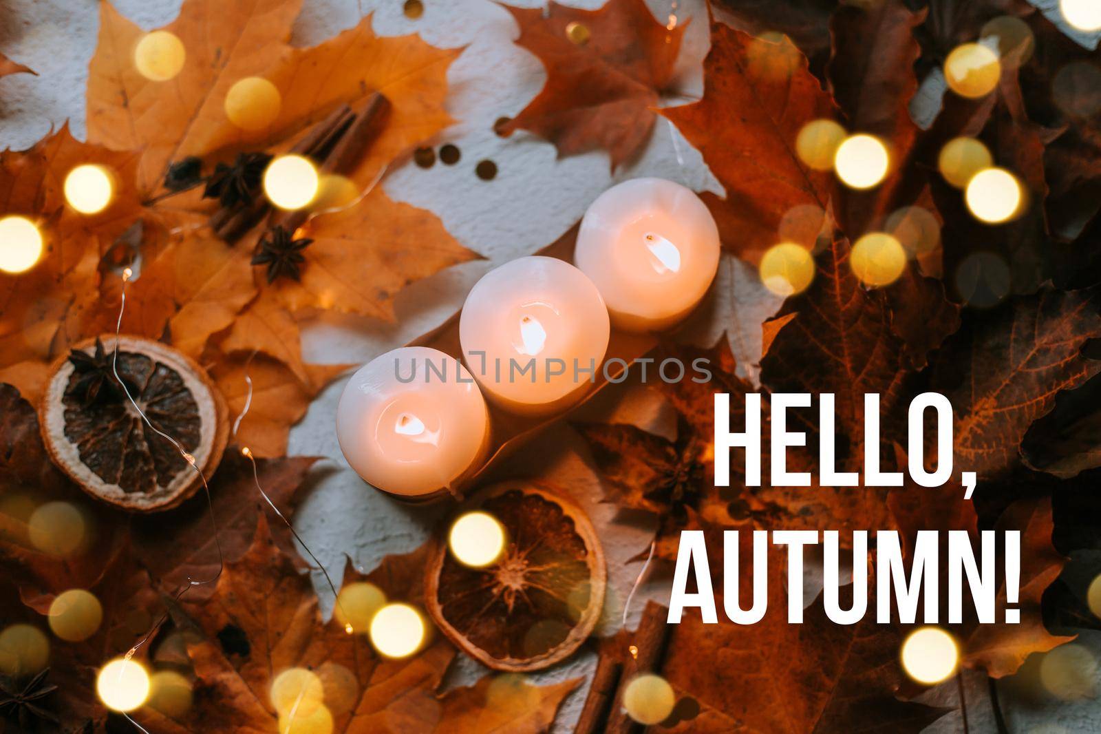 Banner hello autumn . cozy vibes . A new season. Autumn leaves. An article about autumn. Candles.