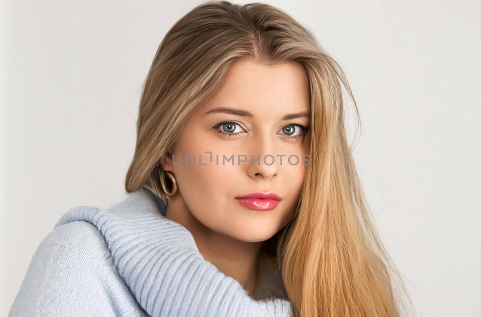 Autumn winter fashion and knitwear, beautiful woman wearing warm knitted sweater, close-up portrait