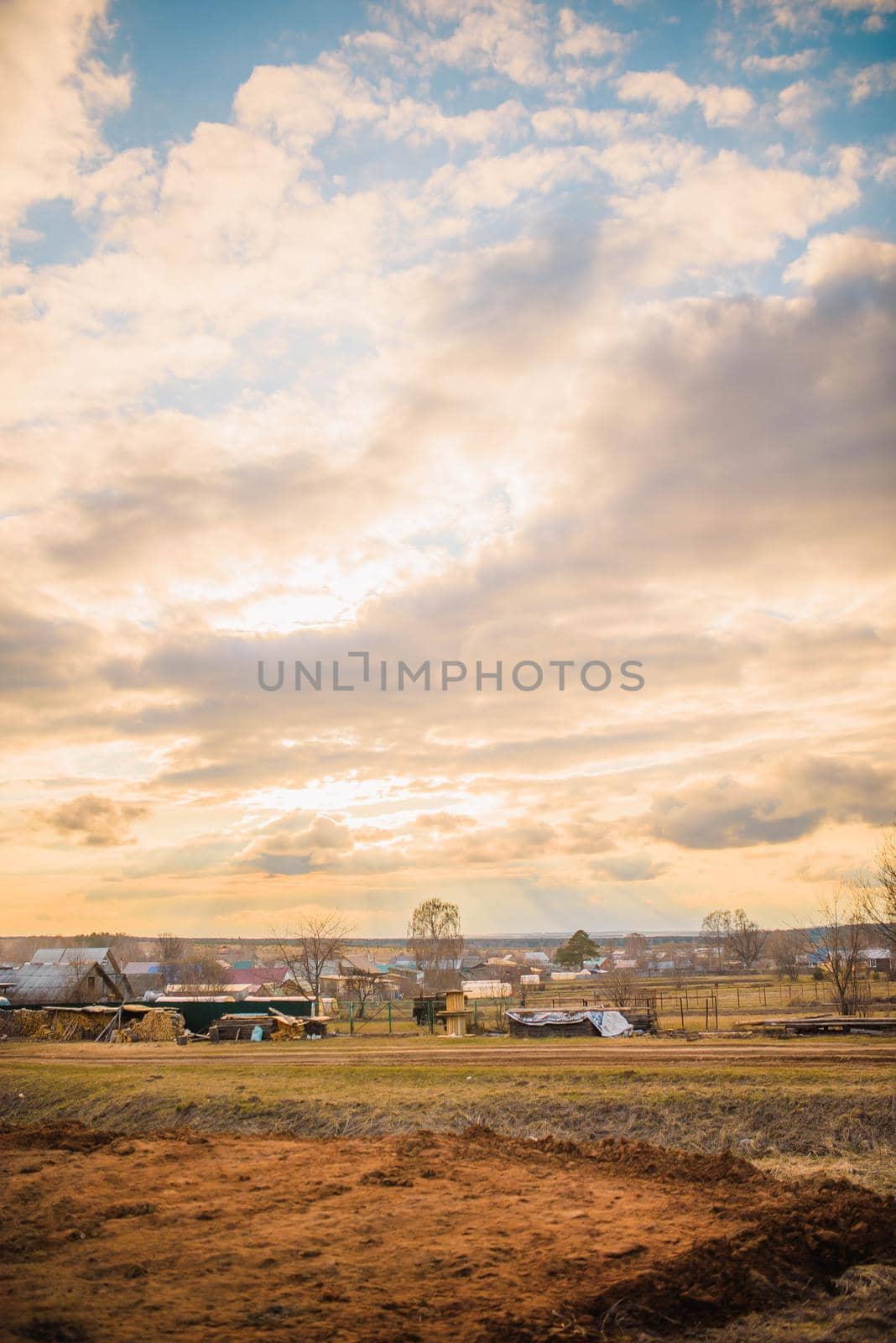 russian village landscape at sunset by Hitachin