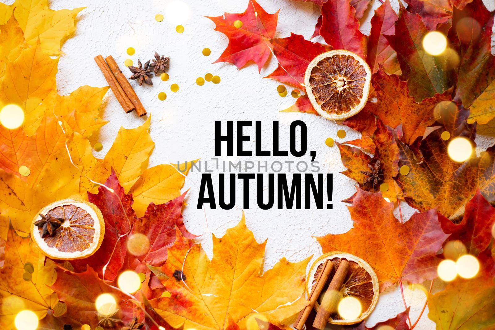Banner hello autumn . A new season. Welcome card. September, October, November. Autumn leaves. by alenka2194