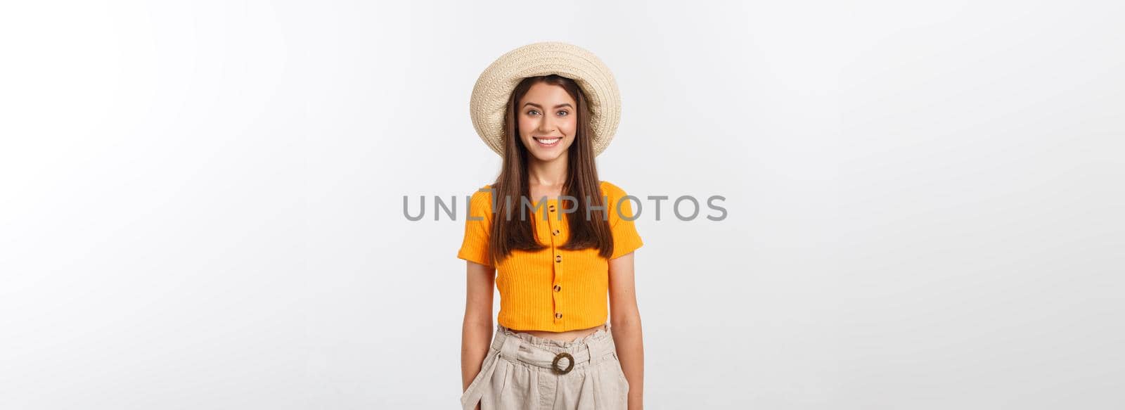 Travel concept - Close up Portrait young beautiful attractive girl wtih trendy hat and smiling. White Background. Copy space. by Benzoix