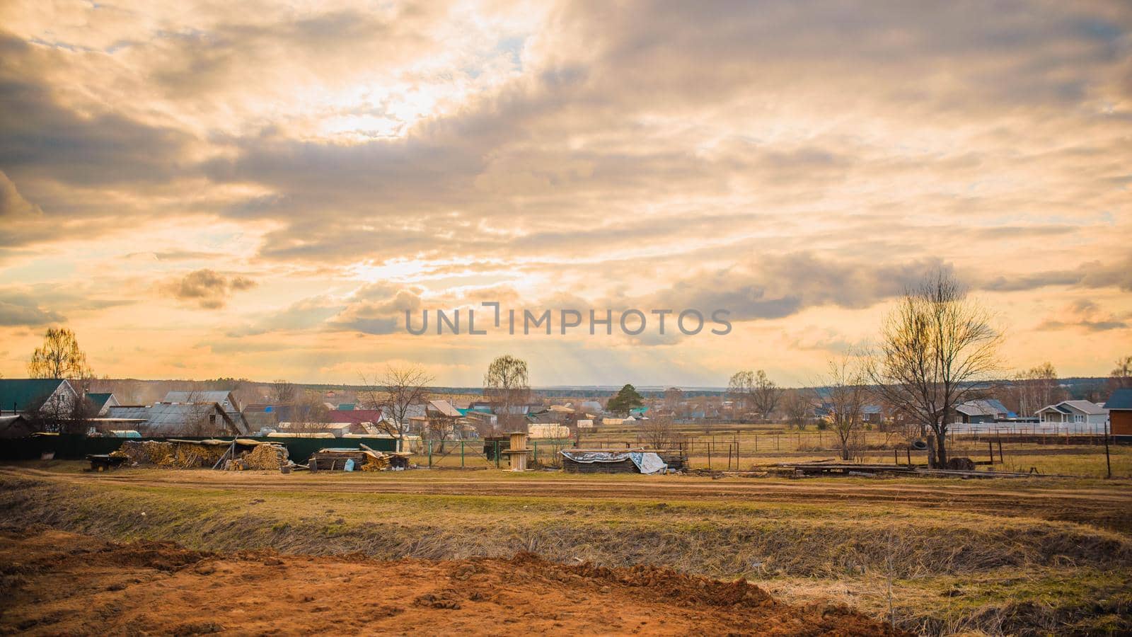 russian village landscape at sunset by Hitachin