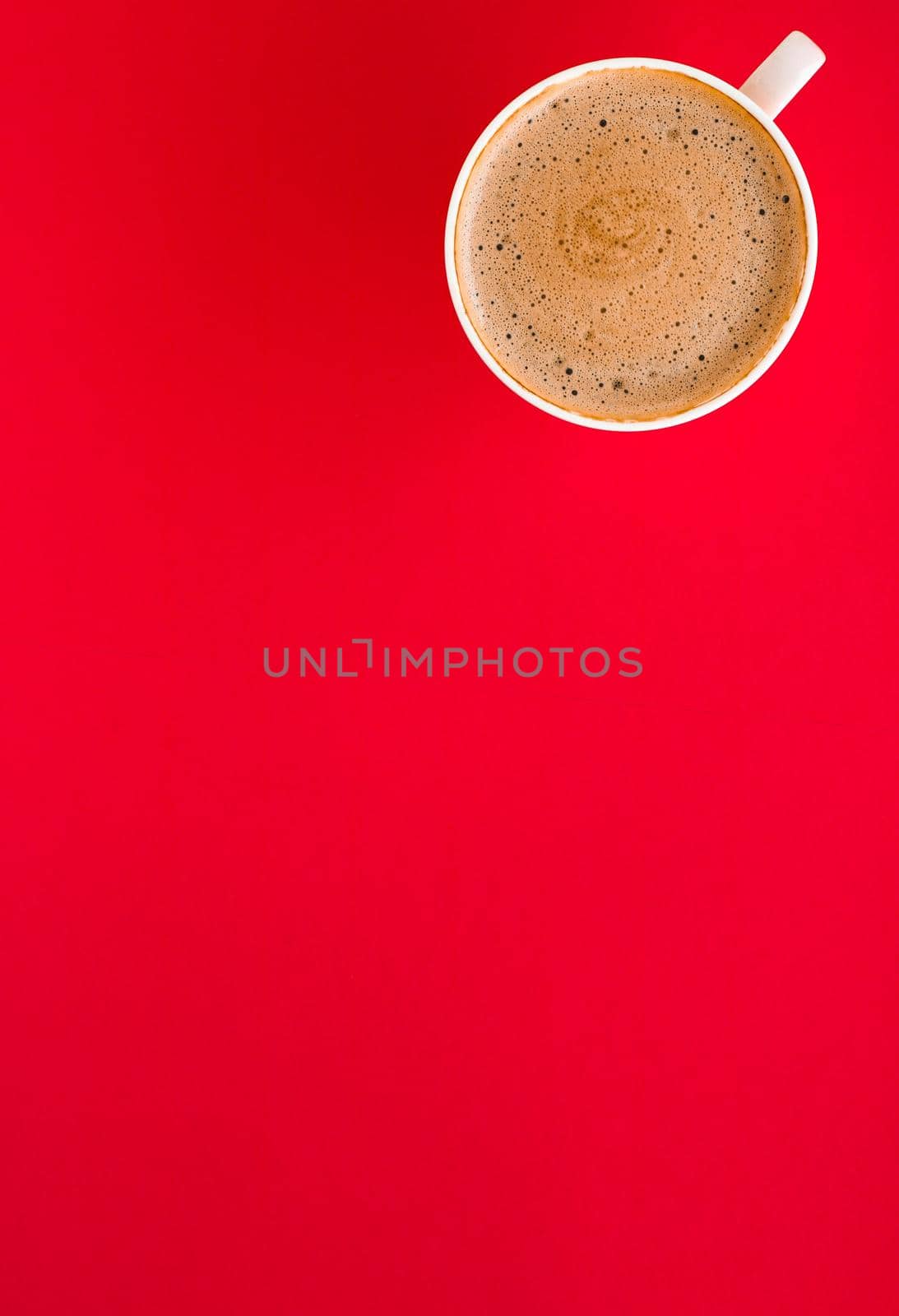 Hot aromatic coffee on red background, flatlay by Anneleven