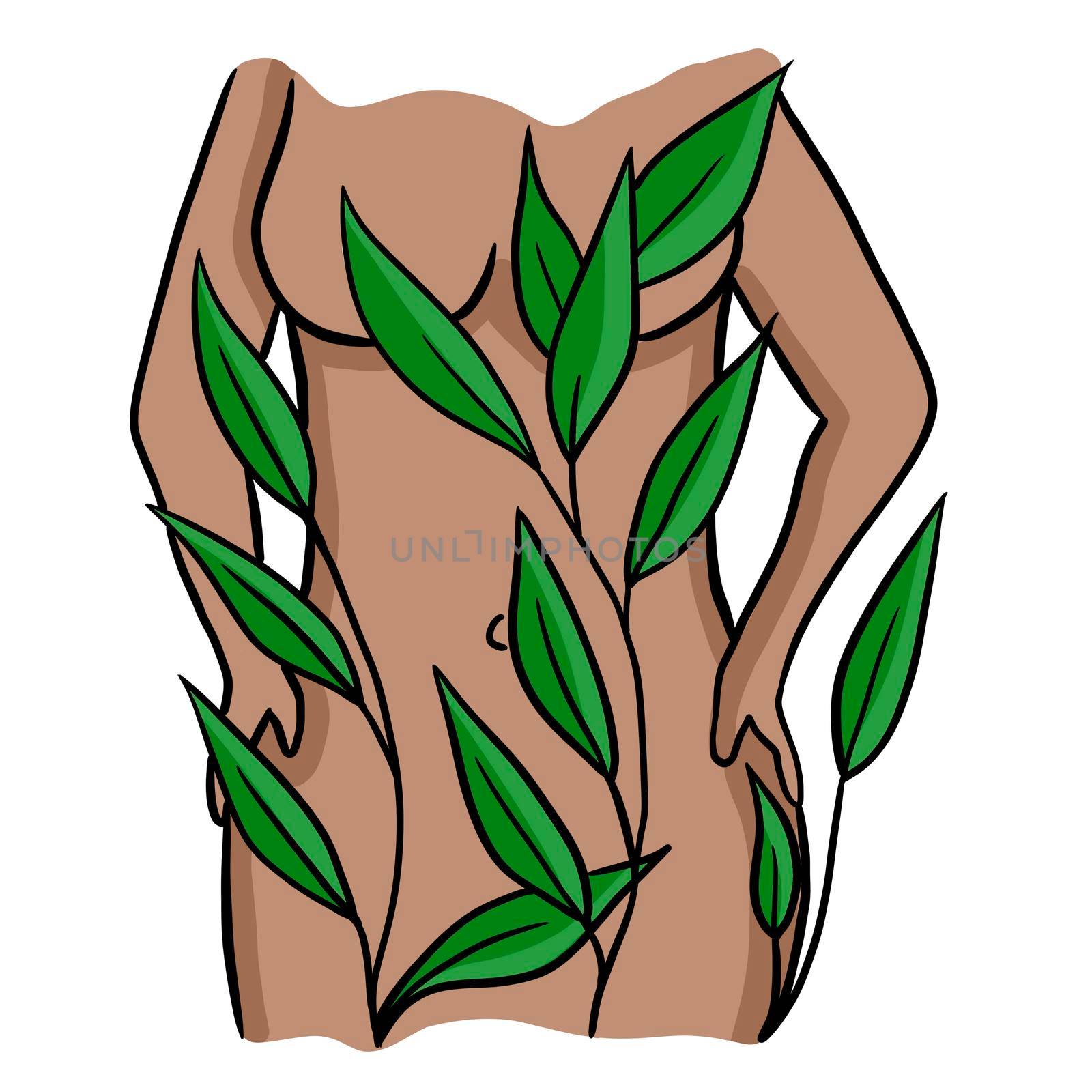 Hand drawn illustration of naked nude woman with brwon skin in the branches leaves nature. Sensual harmony, elegant fit feamle body, spa mediation healthcare concept. Topless torso young stylized. by Lagmar