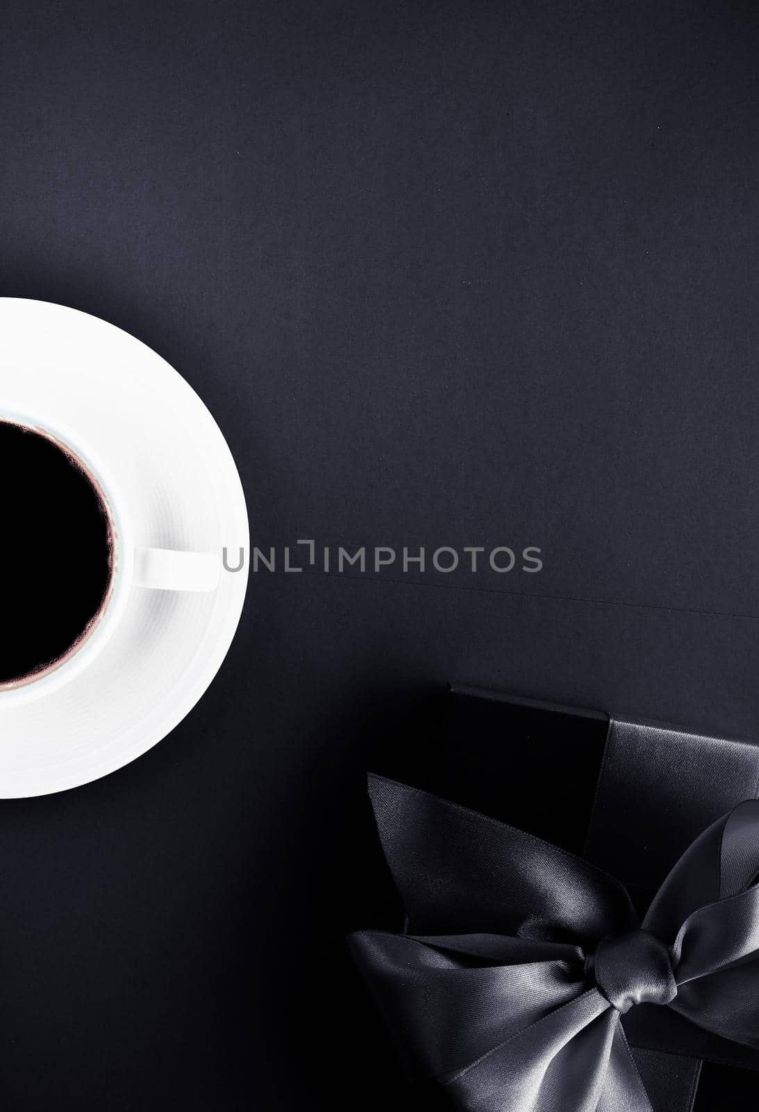 Luxury coffee brand, cup and gift box on black flatlay background by Anneleven