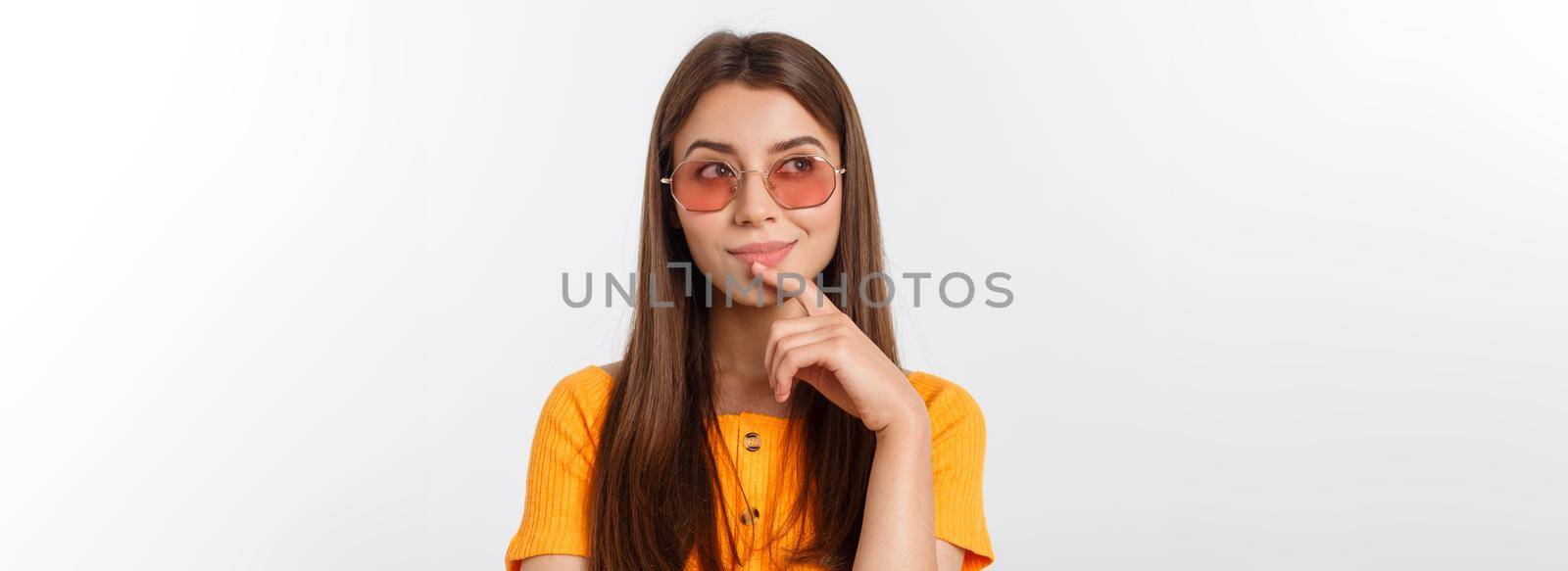 Fashion girl hipster in glasses. White background isolated. by Benzoix