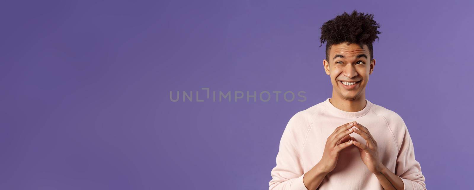 Close-up portrait of creative young hispanic guy steeple fingers while making-up great plan or joke, look away daydreaming, scheming something, have idea, stand purple background by Benzoix